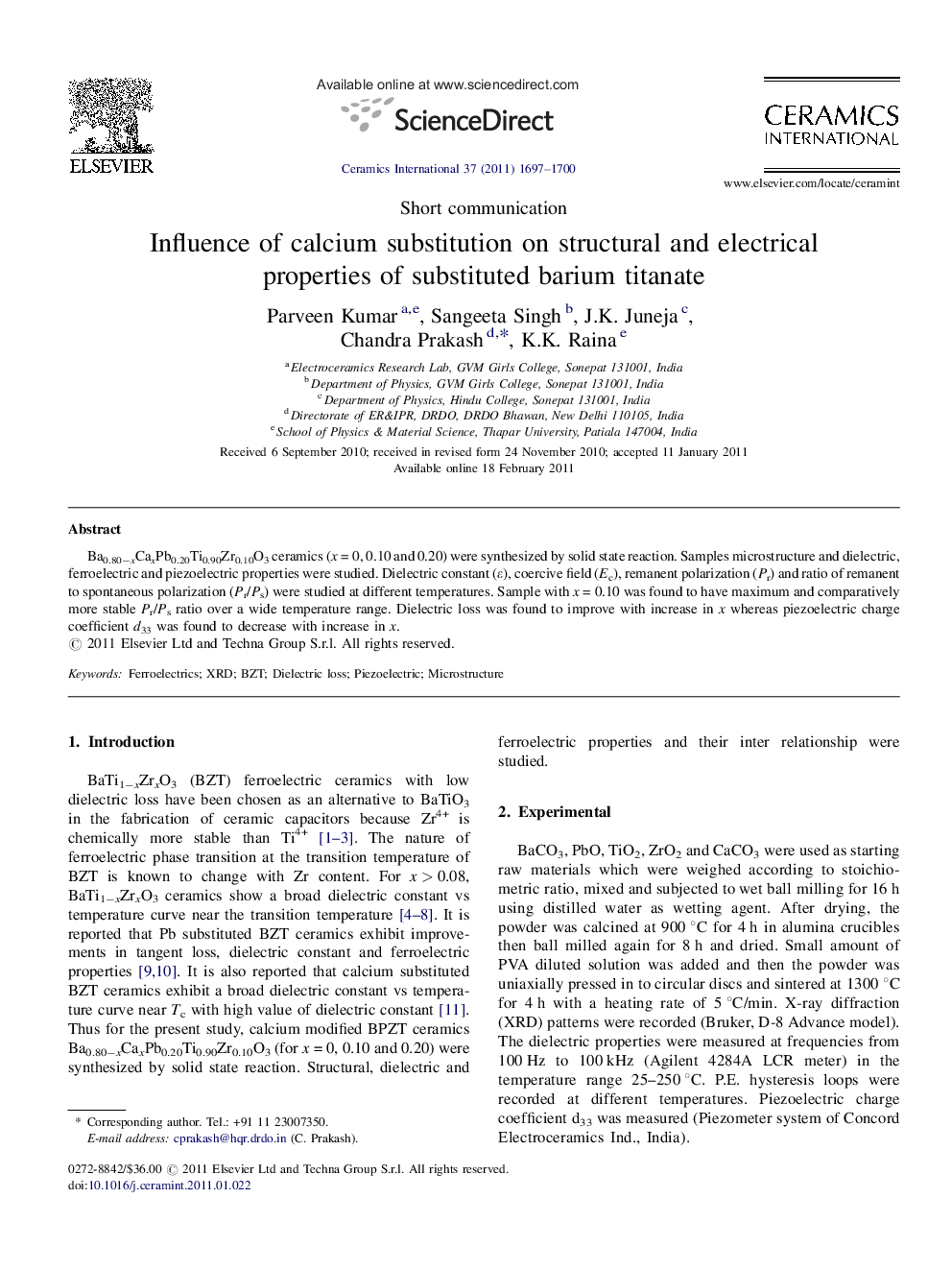 Influence of calcium substitution on structural and electrical properties of substituted barium titanate