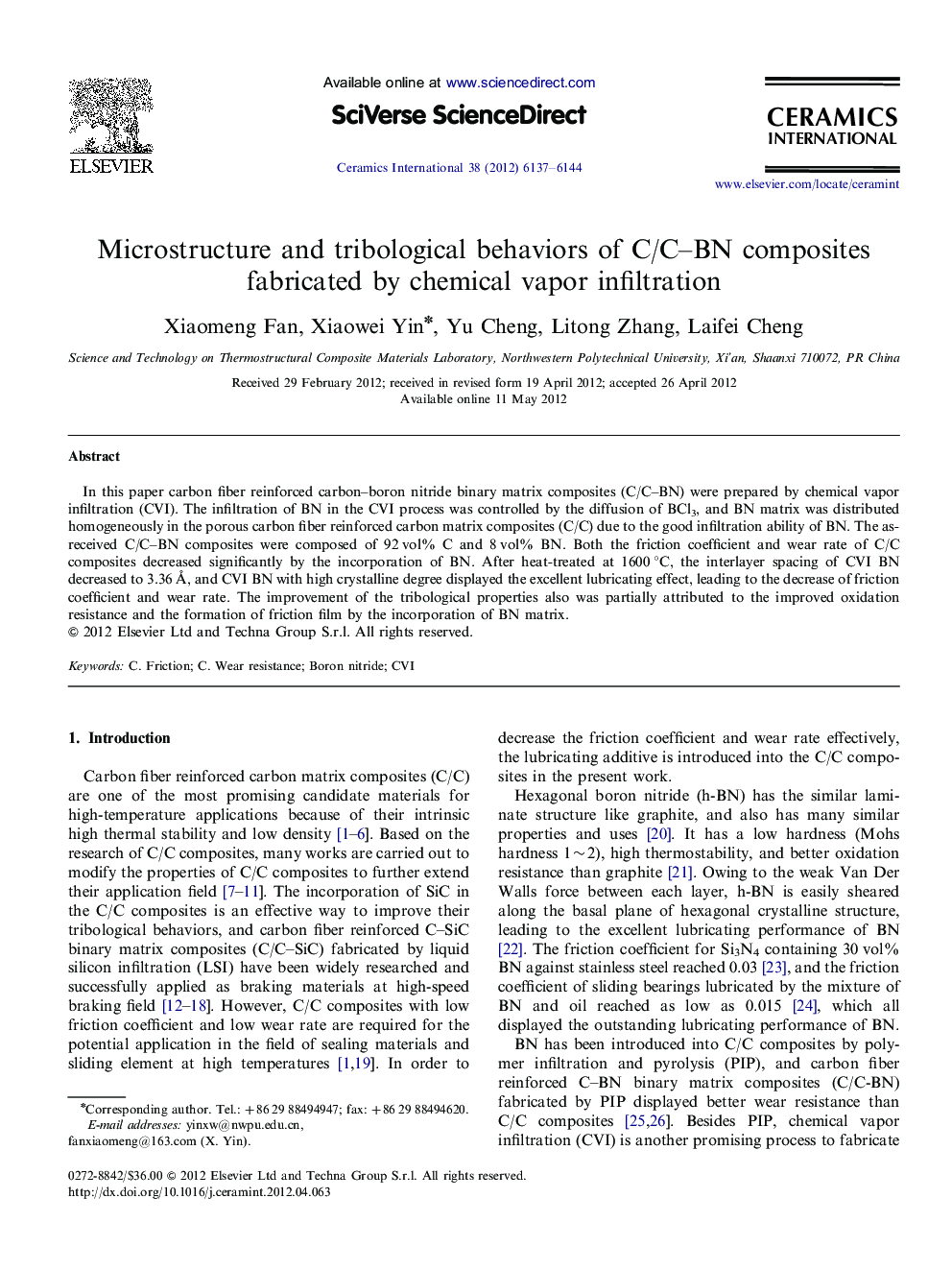 Microstructure and tribological behaviors of C/C–BN composites fabricated by chemical vapor infiltration