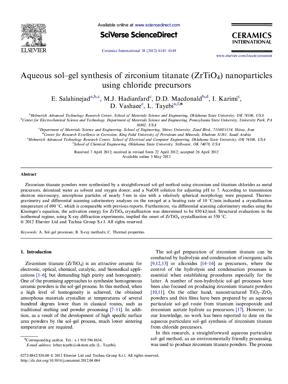 عکس صفحه اول مقاله: Aqueous sol–gel synthesis of zirconium titanate (ZrTiO4) nanoparticles using chloride precursors Aqueous sol–gel synthesis of zirconium titanate (ZrTiO4) nanoparticles using chloride precursors
