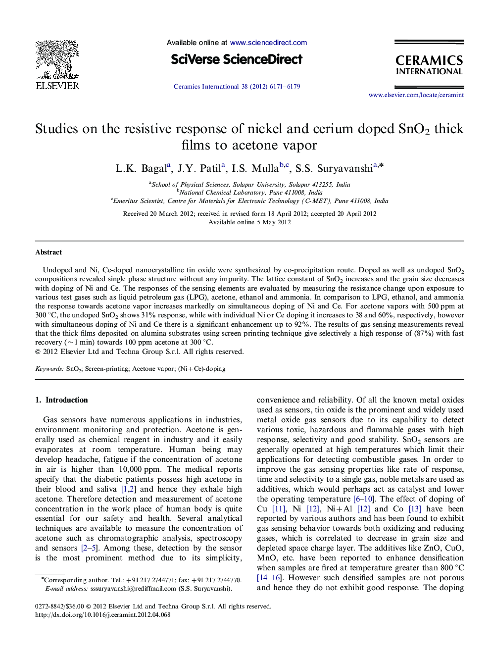 Studies on the resistive response of nickel and cerium doped SnO2 thick films to acetone vapor