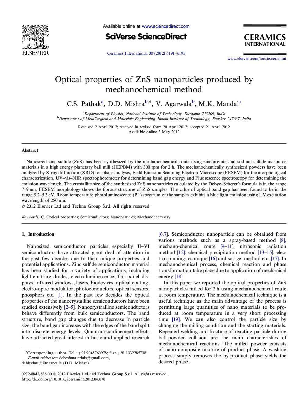 Optical properties of ZnS nanoparticles produced by mechanochemical method