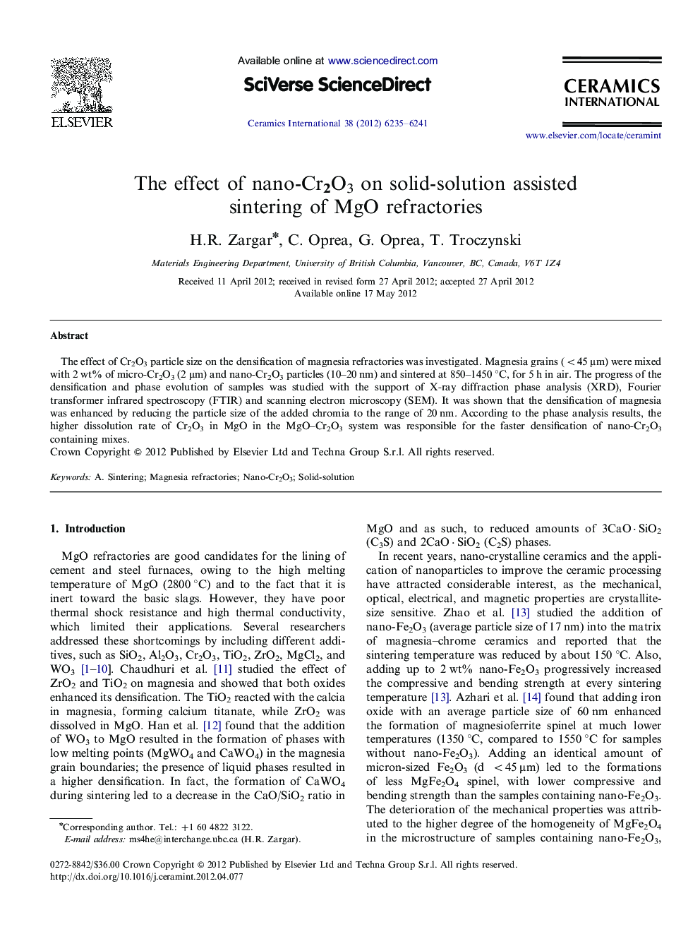 عکس صفحه اول مقاله: The effect of nano-Cr2O3 on solid-solution assisted sintering of MgO refractories The effect of nano-Cr2O3 on solid-solution assisted sintering of MgO refractories