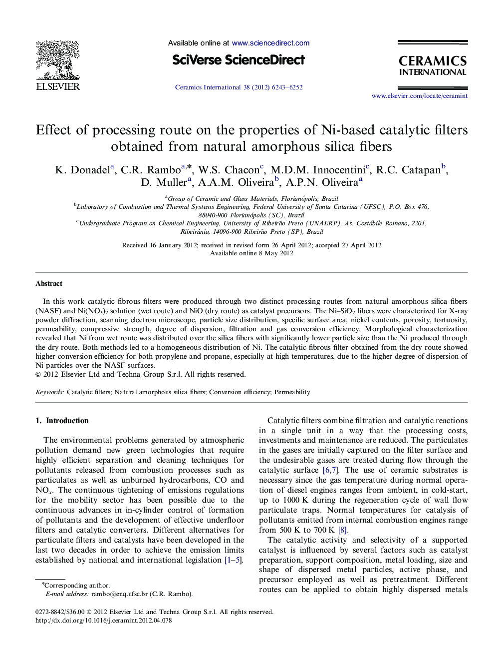 Effect of processing route on the properties of Ni-based catalytic filters obtained from natural amorphous silica fibers