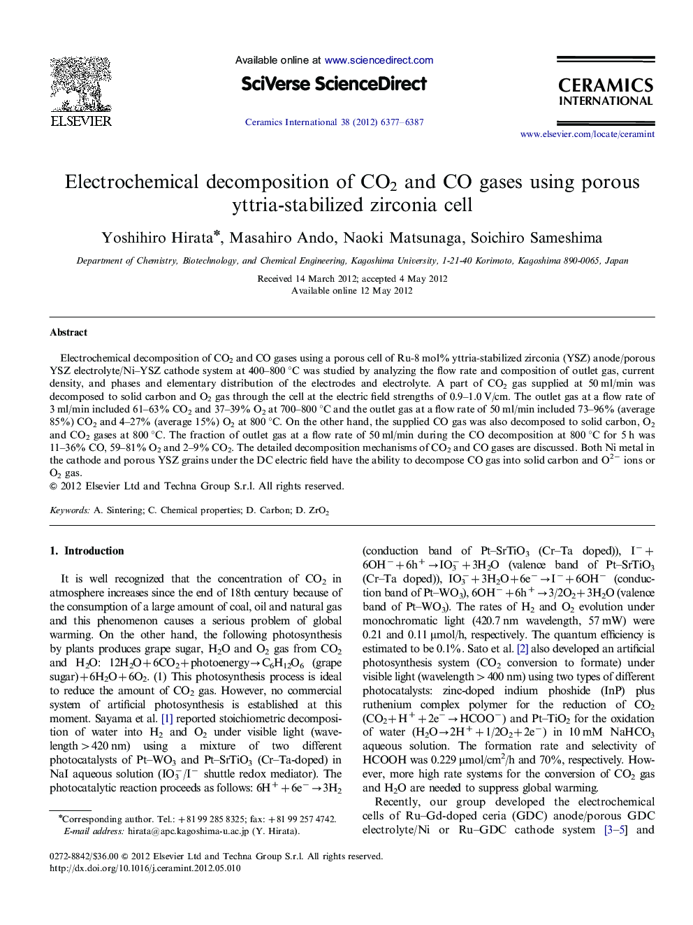 Electrochemical decomposition of CO2 and CO gases using porous yttria-stabilized zirconia cell