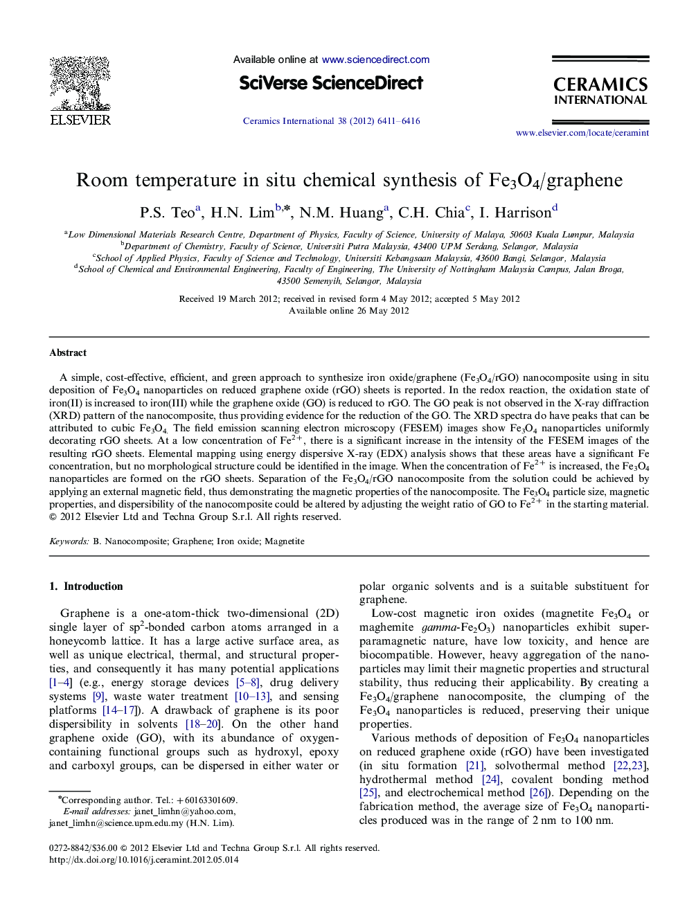 Room temperature in situ chemical synthesis of Fe3O4/graphene