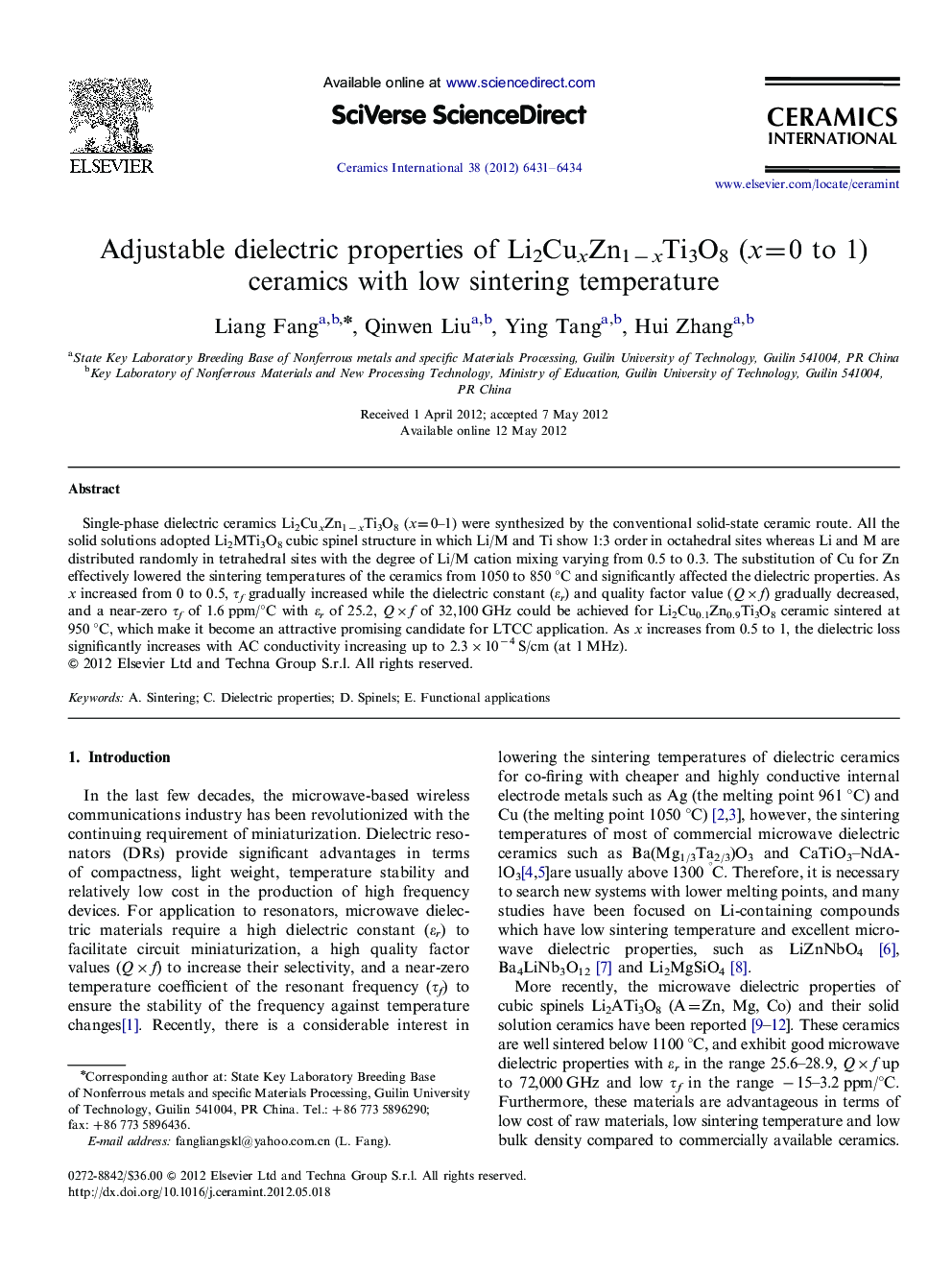 Adjustable dielectric properties of Li2CuxZn1âxTi3O8 (x=0 to 1) ceramics with low sintering temperature