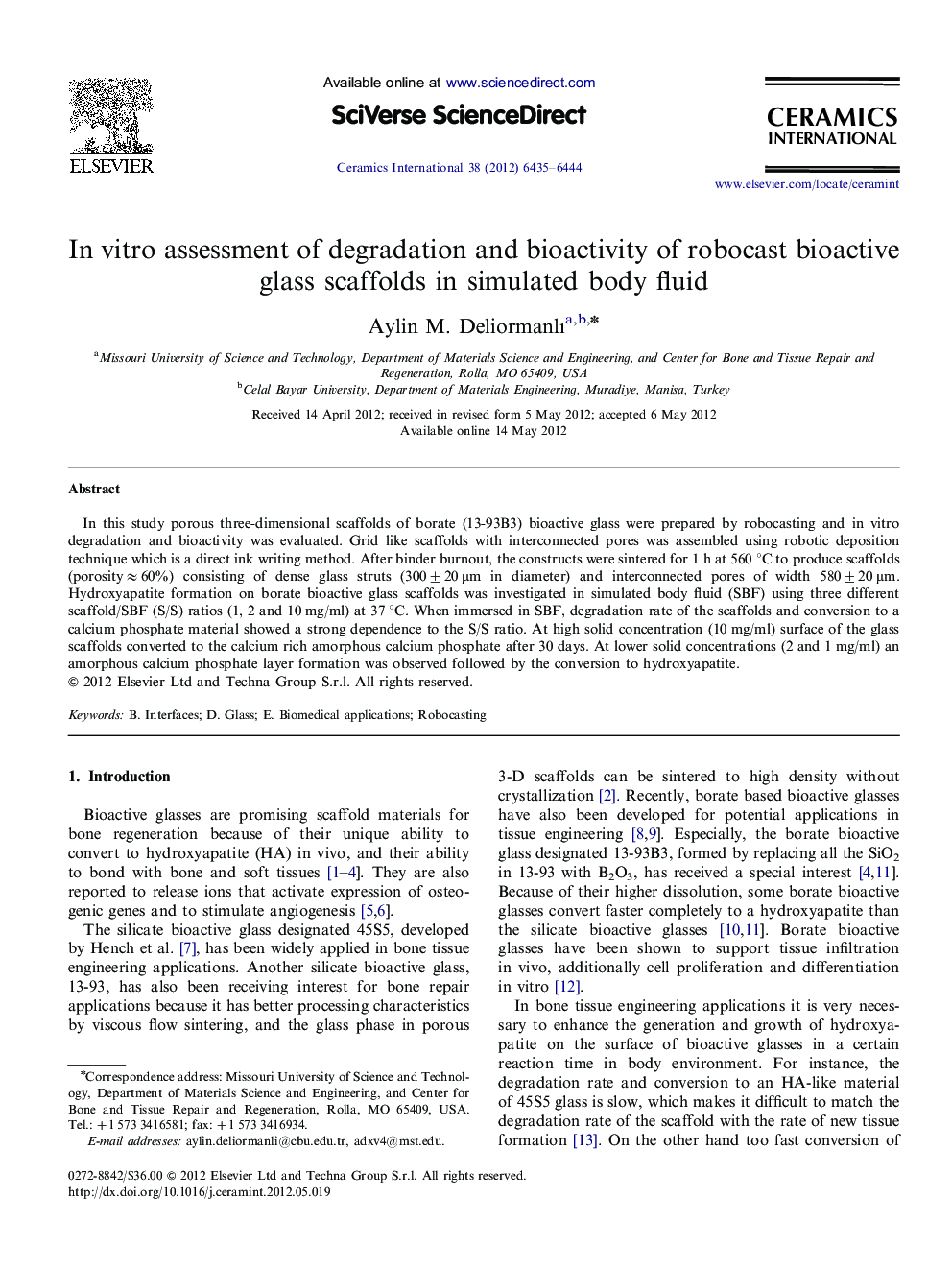 In vitro assessment of degradation and bioactivity of robocast bioactive glass scaffolds in simulated body fluid