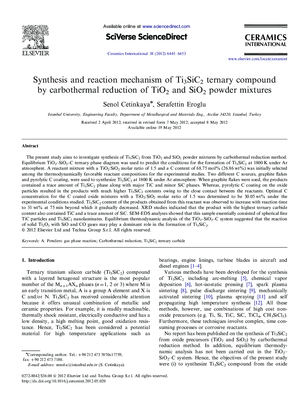 Synthesis and reaction mechanism of Ti3SiC2 ternary compound by carbothermal reduction of TiO2 and SiO2 powder mixtures