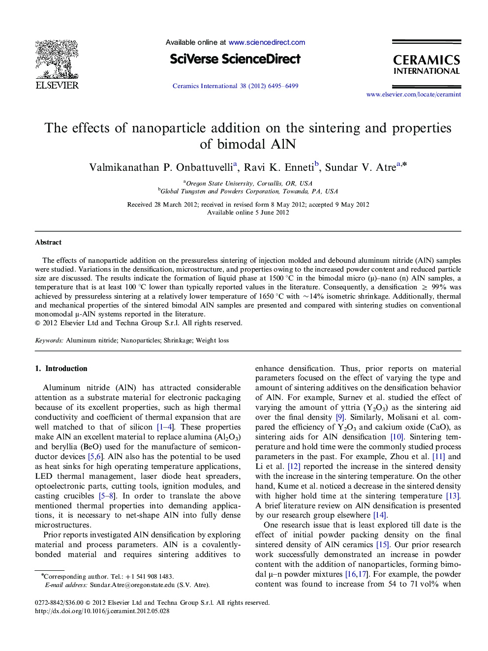 عکس صفحه اول مقاله: The effects of nanoparticle addition on the sintering and properties of bimodal AlN The effects of nanoparticle addition on the sintering and properties of bimodal AlN