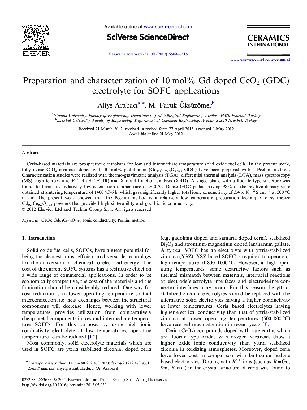 Preparation and characterization of 10 mol% Gd doped CeO2 (GDC) electrolyte for SOFC applications
