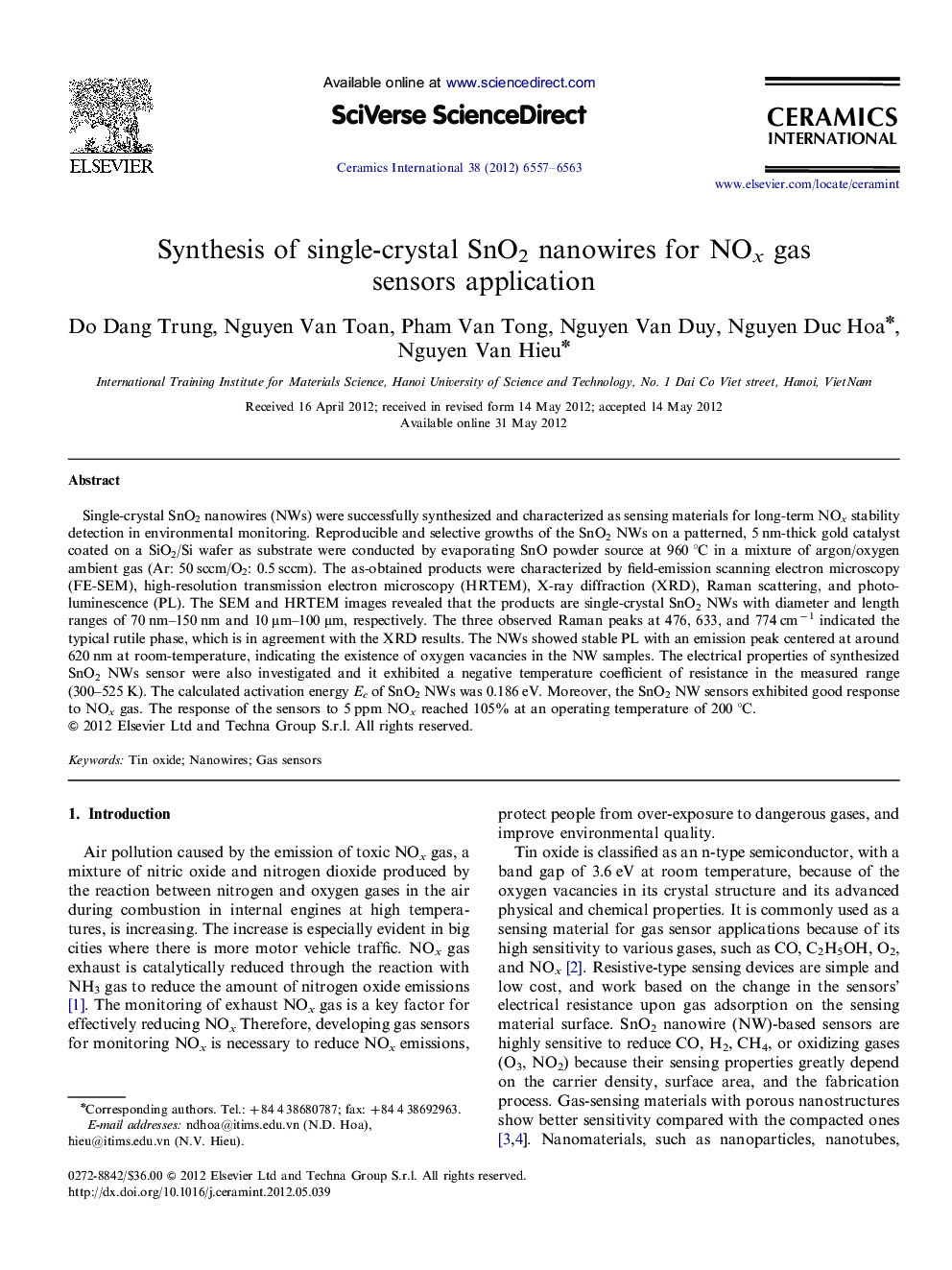عکس صفحه اول مقاله: Synthesis of single-crystal SnO2 nanowires for NOx gas sensors application Synthesis of single-crystal SnO2 nanowires for NOx gas sensors application