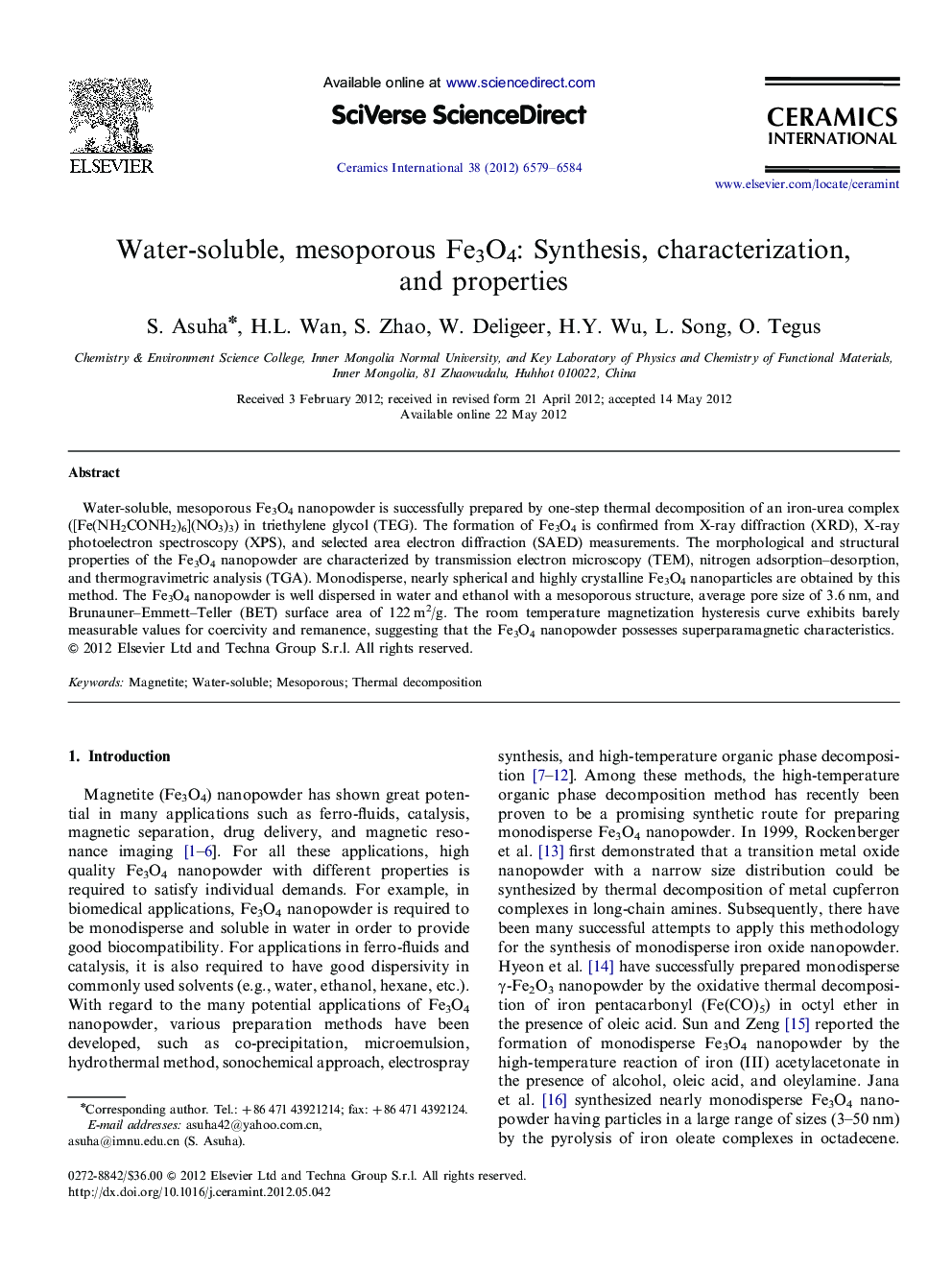 Water-soluble, mesoporous Fe3O4: Synthesis, characterization, and properties
