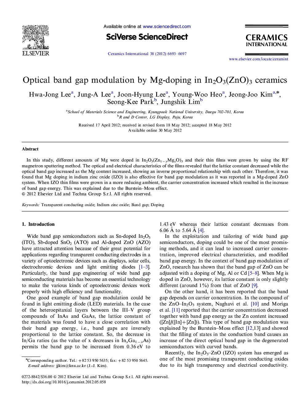 Optical band gap modulation by Mg-doping in In2O3(ZnO)3 ceramics