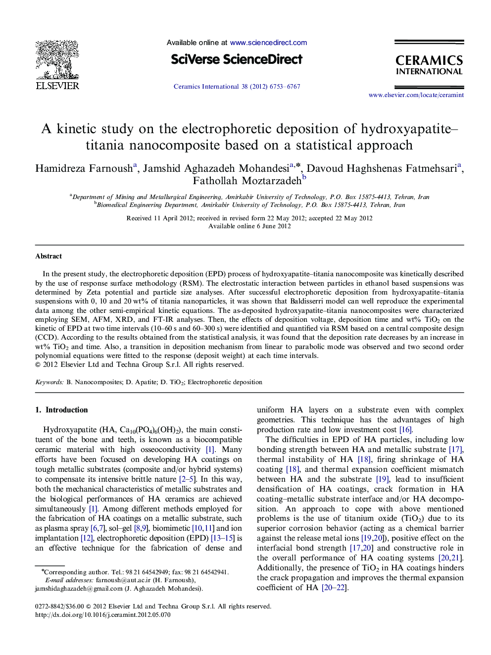 A kinetic study on the electrophoretic deposition of hydroxyapatite–titania nanocomposite based on a statistical approach