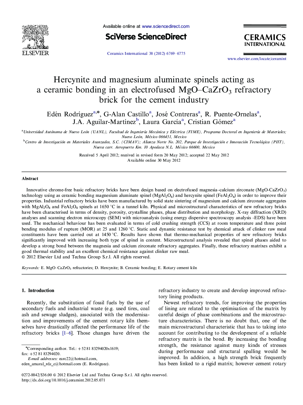 عکس صفحه اول مقاله: Hercynite and magnesium aluminate spinels acting as a ceramic bonding in an electrofused MgO–CaZrO3 refractory brick for the cement industry Hercynite and magnesium aluminate spinels acting as a ceramic bonding in an electrofused MgO–CaZrO3 refractory brick for the cement industry