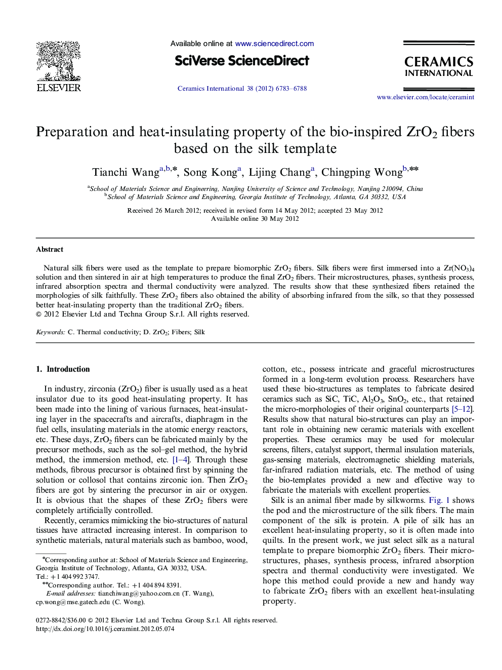 Preparation and heat-insulating property of the bio-inspired ZrO2 fibers based on the silk template