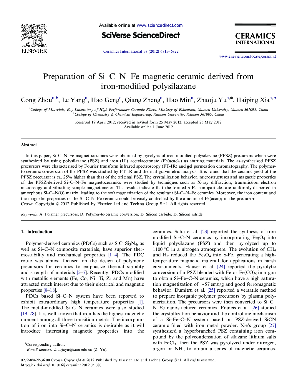 Preparation of Si–C–N–Fe magnetic ceramic derived from iron-modified polysilazane