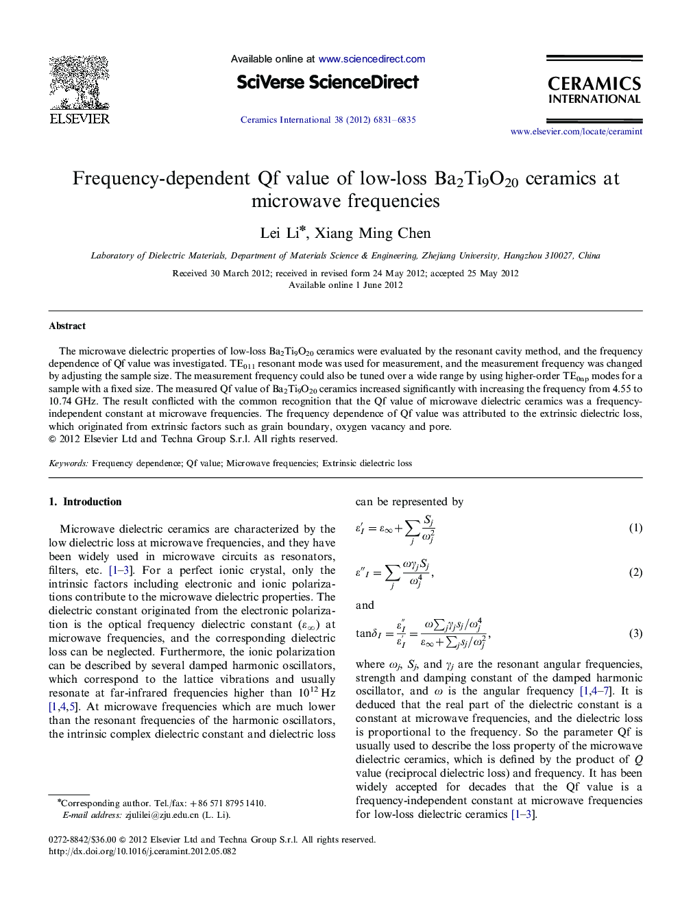 Frequency-dependent Qf value of low-loss Ba2Ti9O20 ceramics at microwave frequencies