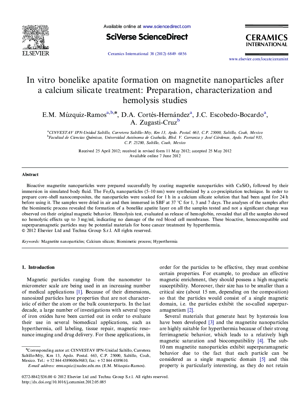 In vitro bonelike apatite formation on magnetite nanoparticles after a calcium silicate treatment: Preparation, characterization and hemolysis studies