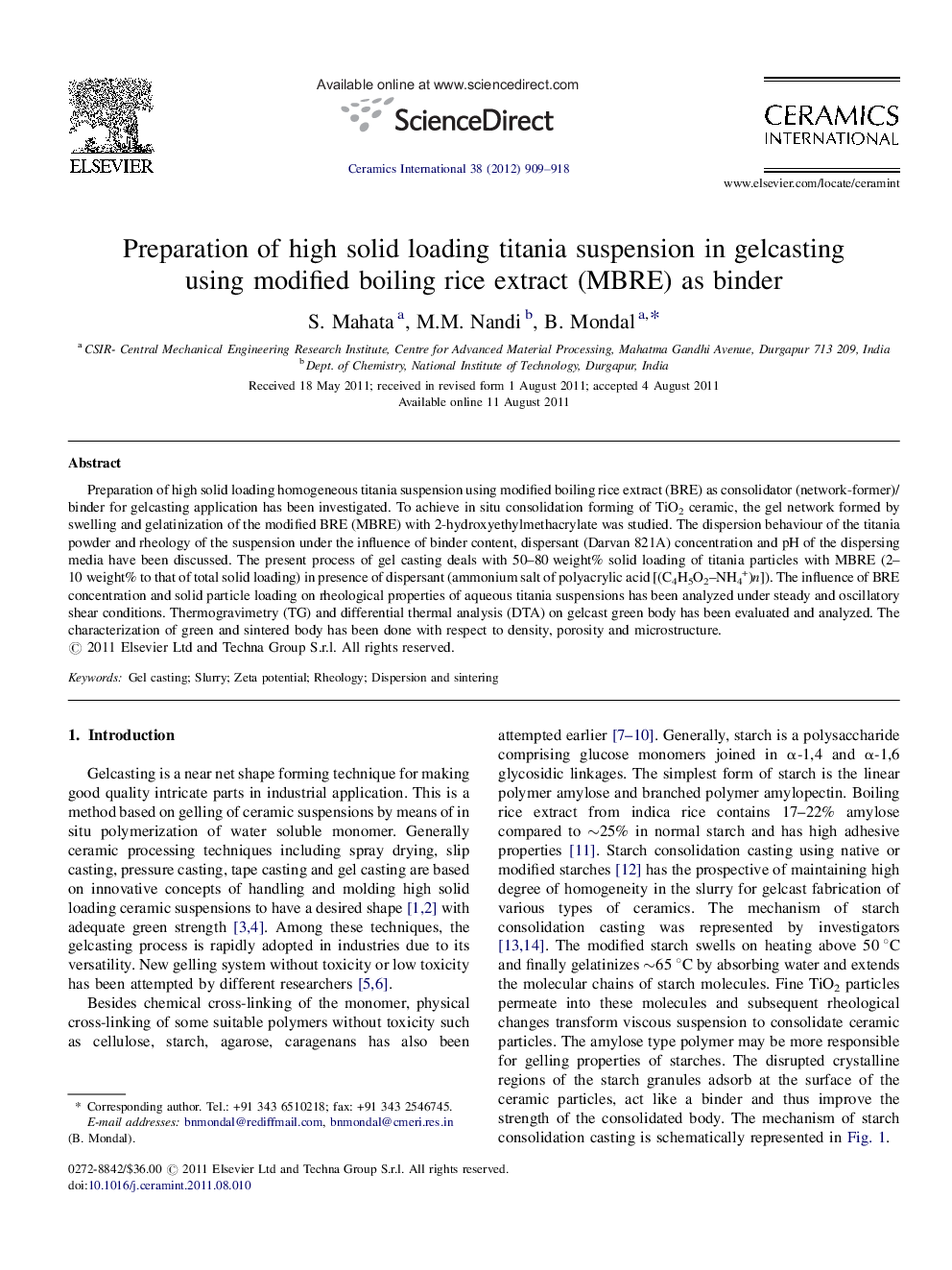 Preparation of high solid loading titania suspension in gelcasting using modified boiling rice extract (MBRE) as binder