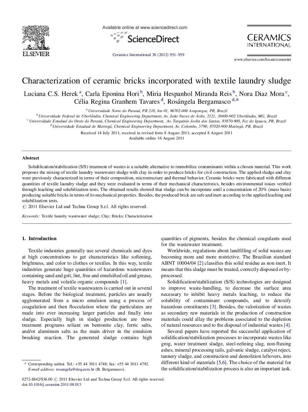 Characterization of ceramic bricks incorporated with textile laundry sludge