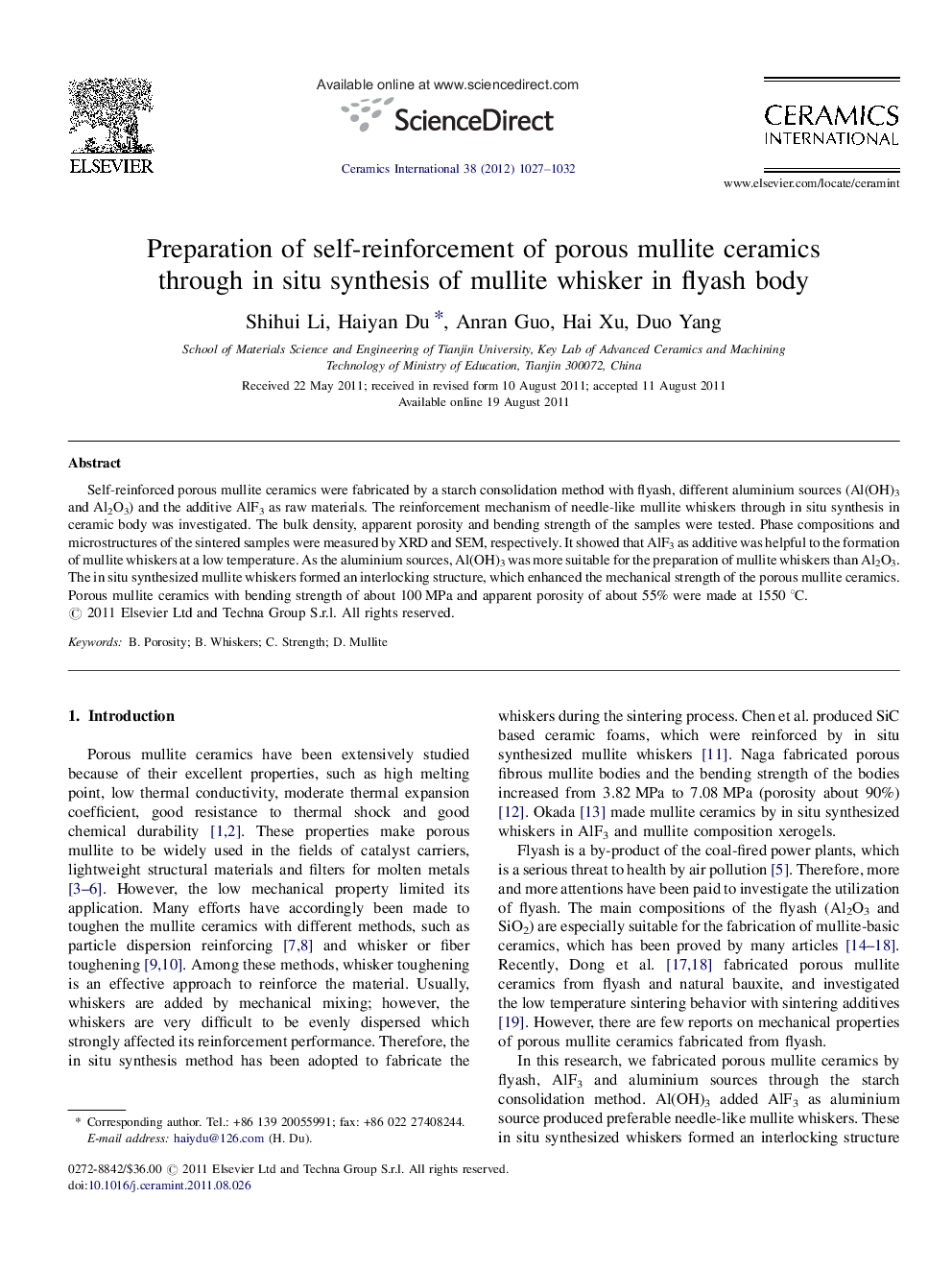 Preparation of self-reinforcement of porous mullite ceramics through in situ synthesis of mullite whisker in flyash body