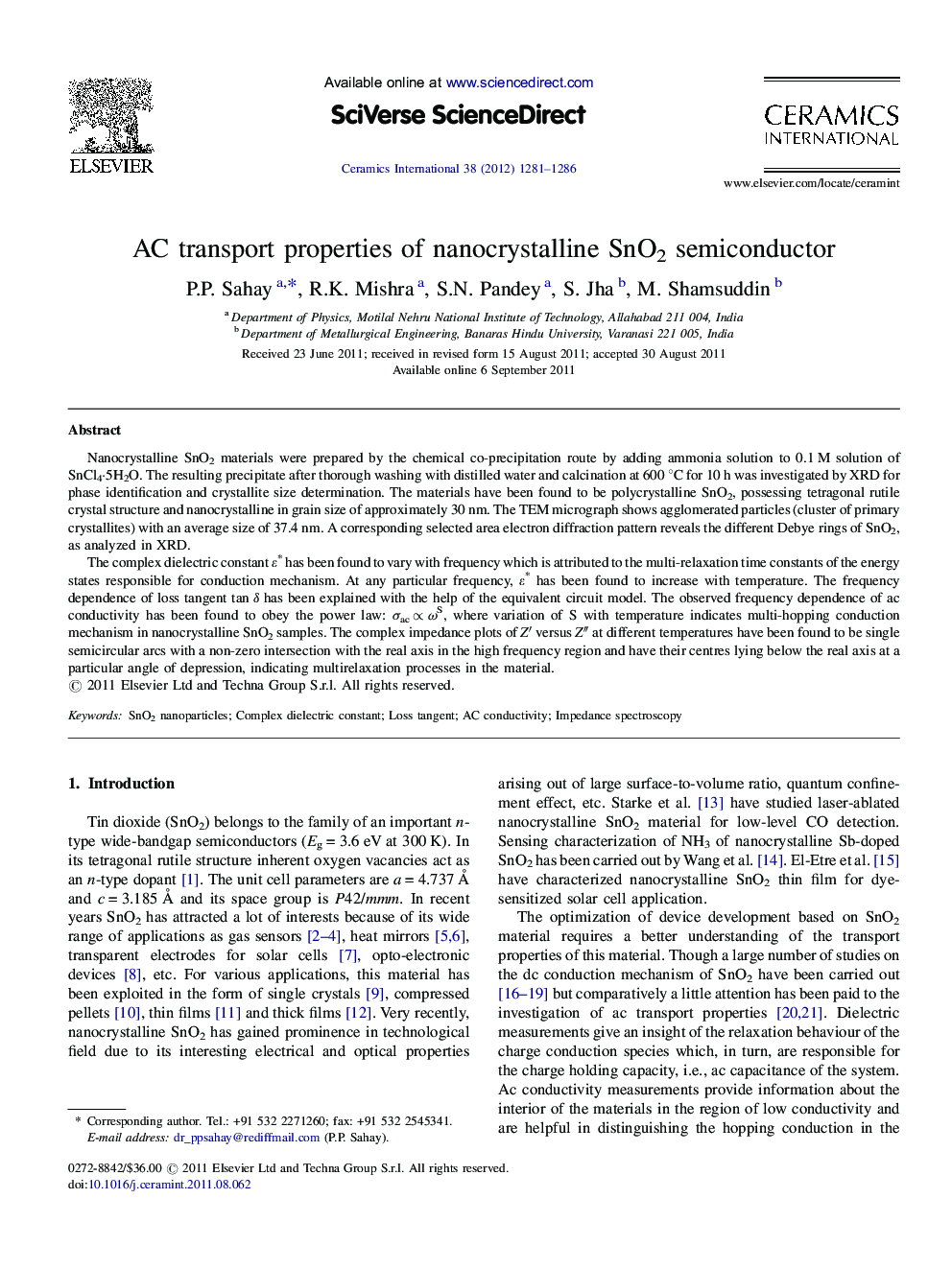 AC transport properties of nanocrystalline SnO2 semiconductor