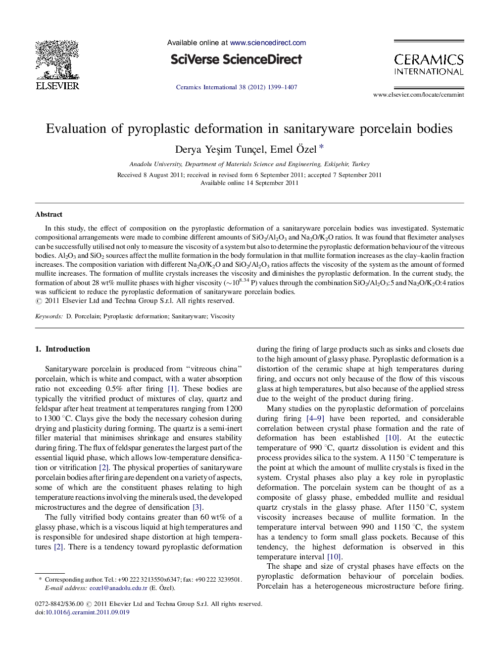 Evaluation of pyroplastic deformation in sanitaryware porcelain bodies