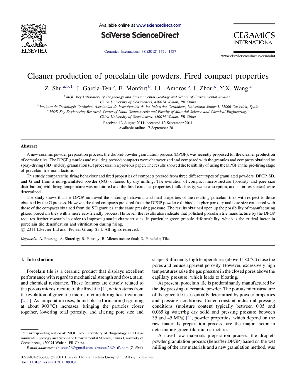 Cleaner production of porcelain tile powders. Fired compact properties