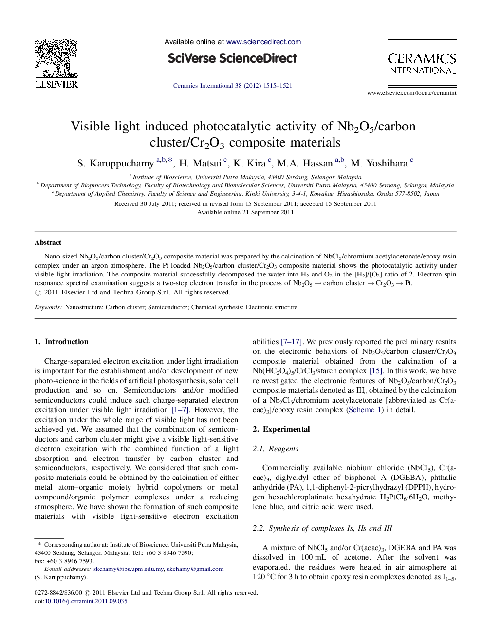 Visible light induced photocatalytic activity of Nb2O5/carbon cluster/Cr2O3 composite materials