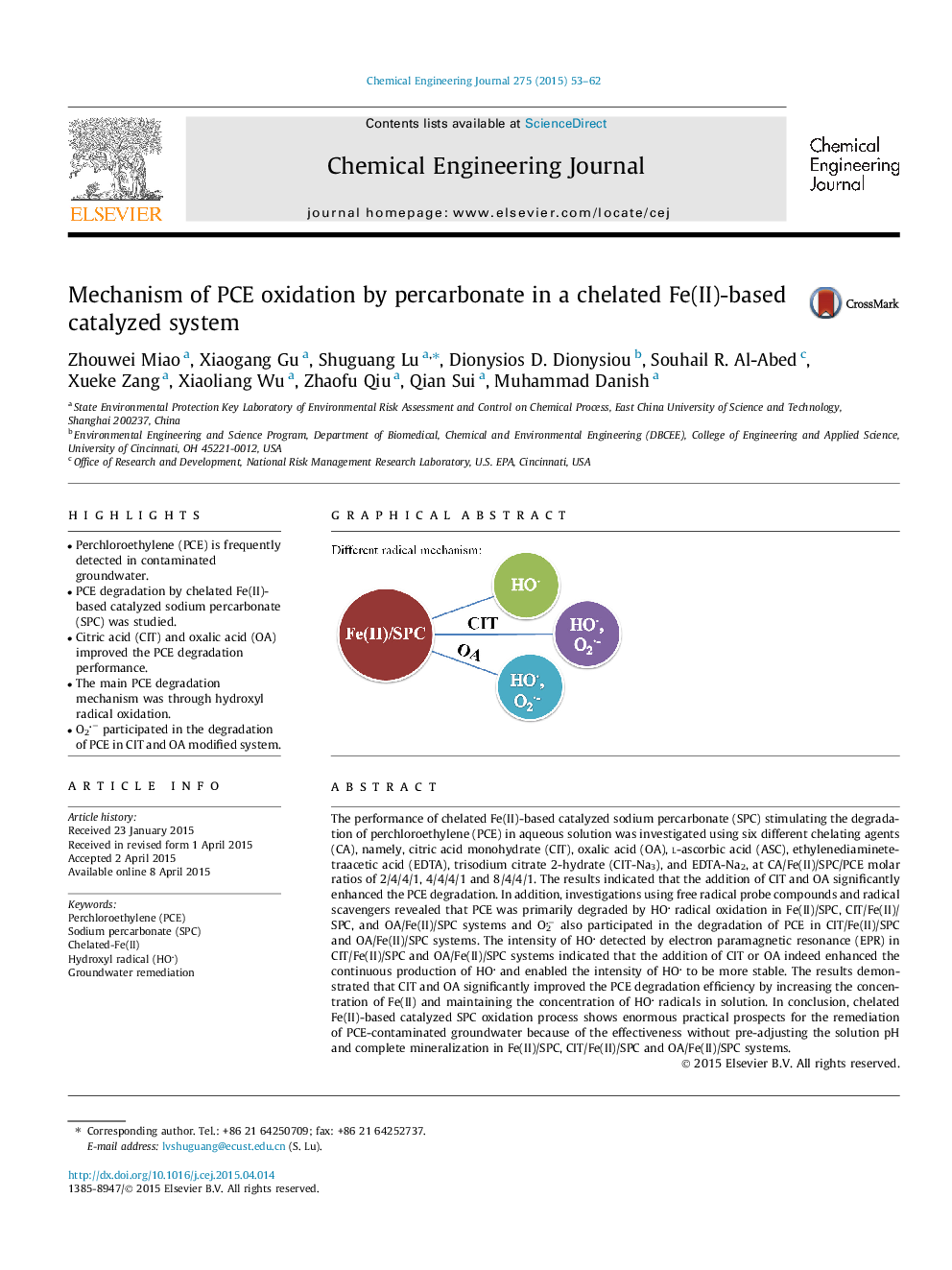 Mechanism of PCE oxidation by percarbonate in a chelated Fe(II)-based catalyzed system