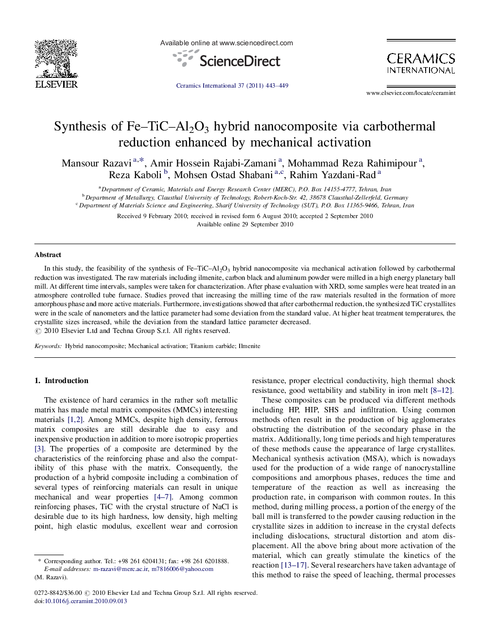 Synthesis of Fe–TiC–Al2O3 hybrid nanocomposite via carbothermal reduction enhanced by mechanical activation