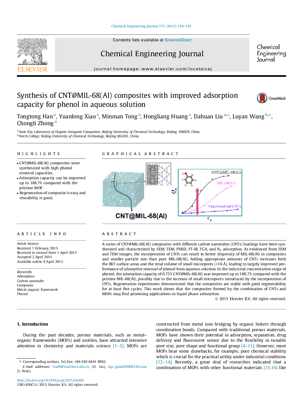 عکس صفحه اول مقاله: Synthesis of CNT@MIL-68(Al) composites with improved adsorption capacity for phenol in aqueous solution Synthesis of CNT@MIL-68(Al) composites with improved adsorption capacity for phenol in aqueous solution