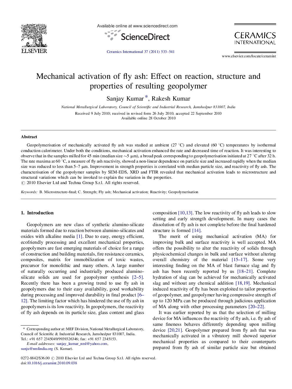 Mechanical activation of fly ash: Effect on reaction, structure and properties of resulting geopolymer