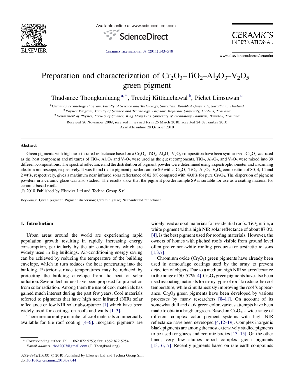 Preparation and characterization of Cr2O3–TiO2–Al2O3–V2O5 green pigment