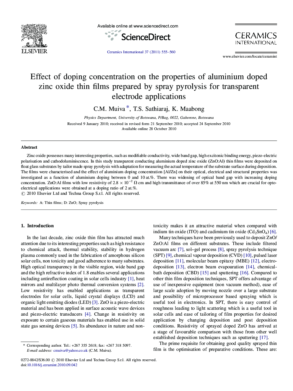 عکس صفحه اول مقاله: Effect of doping concentration on the properties of aluminium doped zinc oxide thin films prepared by spray pyrolysis for transparent electrode applications Effect of doping concentration on the properties of aluminium doped zinc oxide thin films prepared by spray pyrolysis for transparent electrode applications