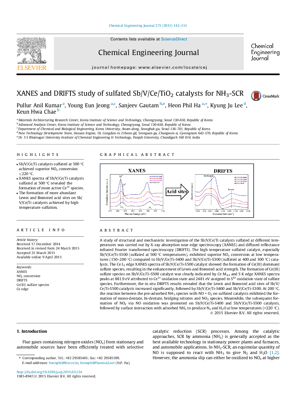 XANES and DRIFTS study of sulfated Sb/V/Ce/TiO2 catalysts for NH3-SCR