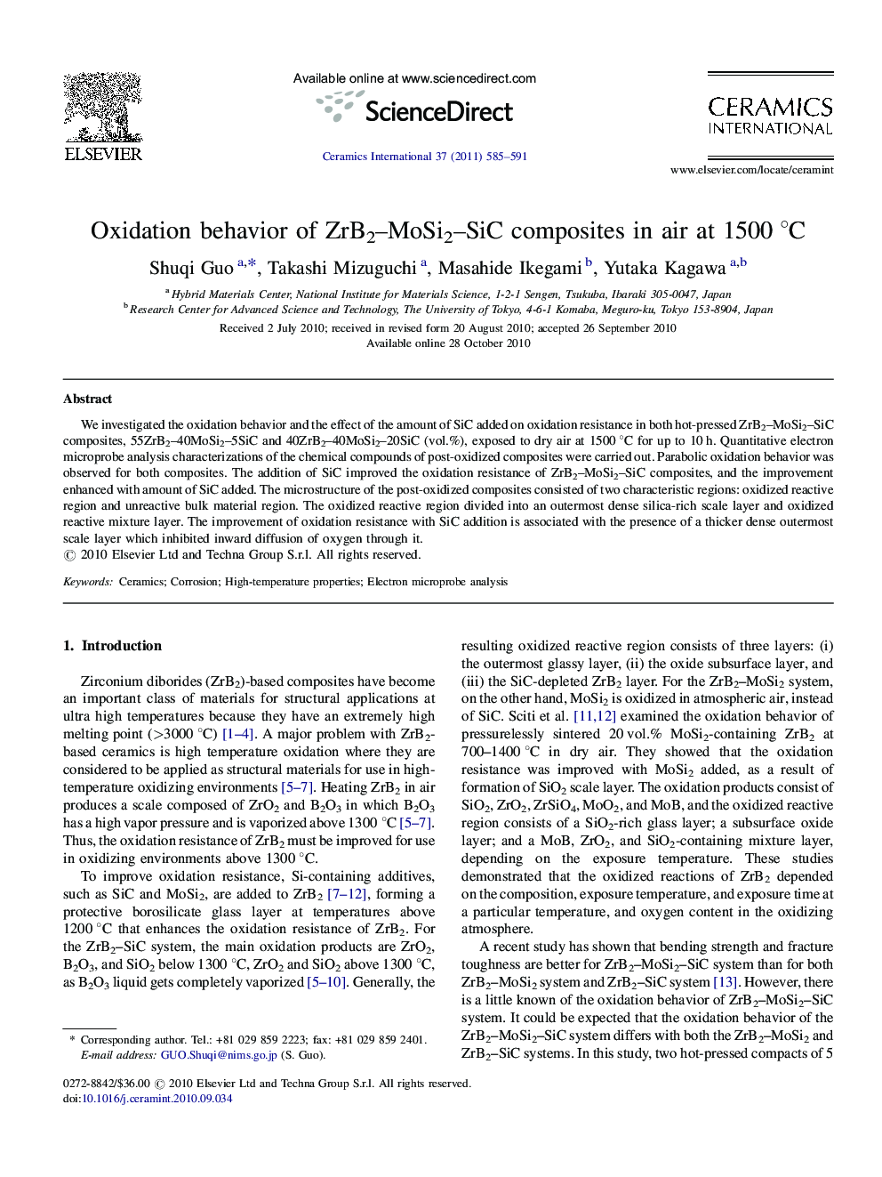 Oxidation behavior of ZrB2–MoSi2–SiC composites in air at 1500 °C