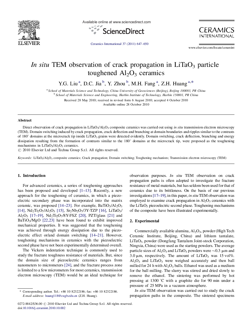 In situ TEM observation of crack propagation in LiTaO3 particle toughened Al2O3 ceramics