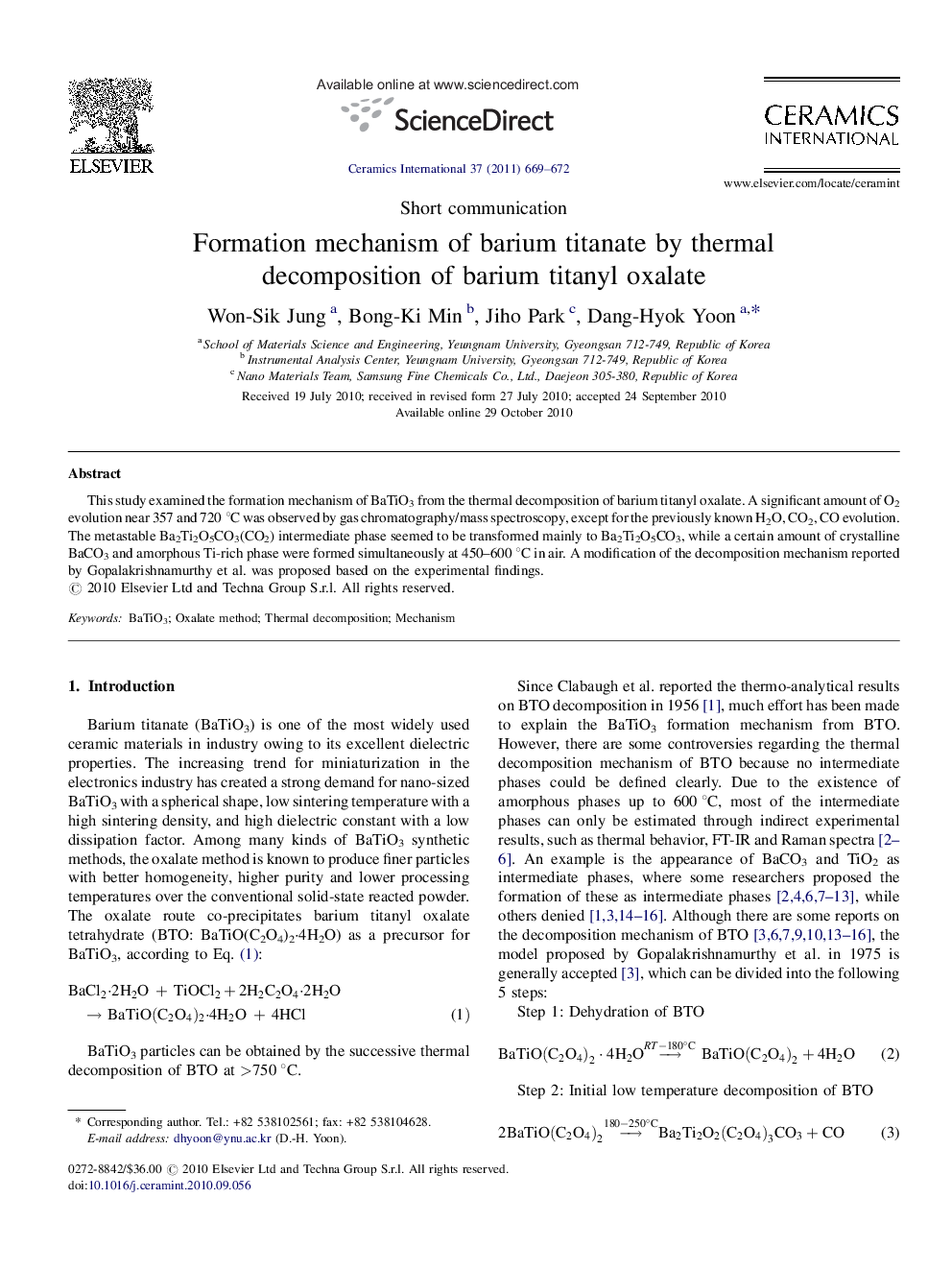عکس صفحه اول مقاله: Formation mechanism of barium titanate by thermal decomposition of barium titanyl oxalate Formation mechanism of barium titanate by thermal decomposition of barium titanyl oxalate