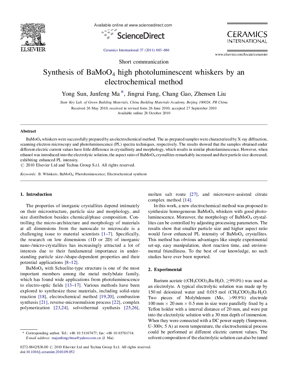 Synthesis of BaMoO4 high photoluminescent whiskers by an electrochemical method