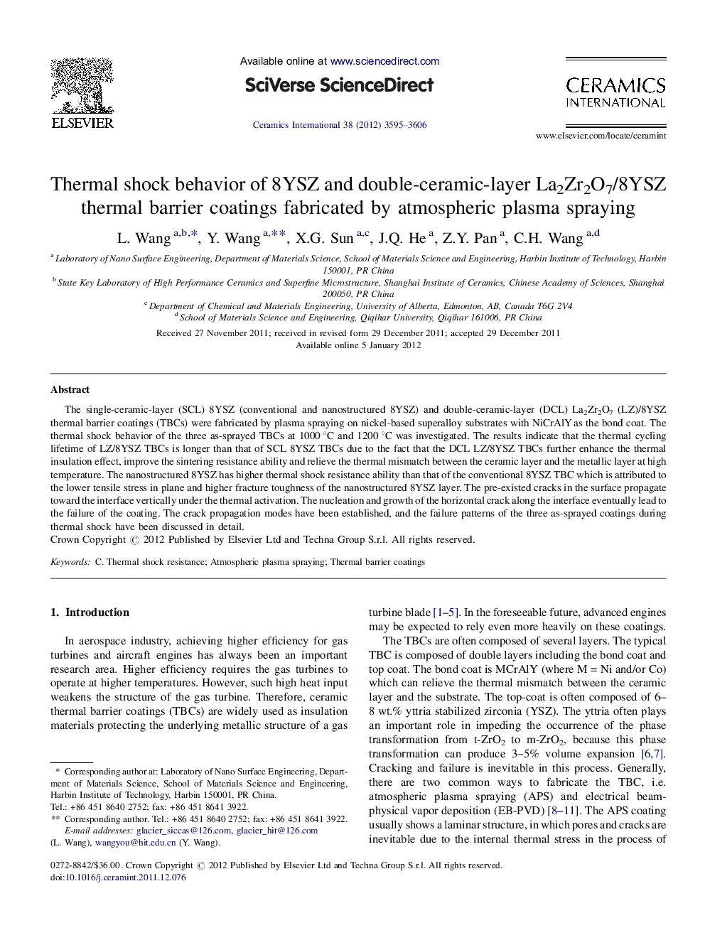 Thermal shock behavior of 8YSZ and double-ceramic-layer La2Zr2O7/8YSZ thermal barrier coatings fabricated by atmospheric plasma spraying