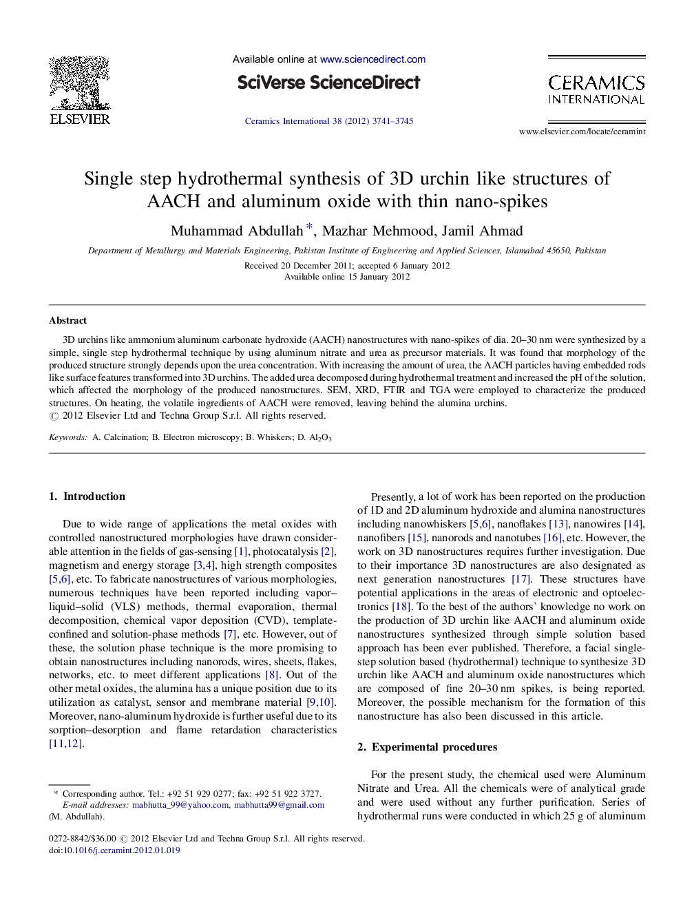 Single step hydrothermal synthesis of 3D urchin like structures of AACH and aluminum oxide with thin nano-spikes