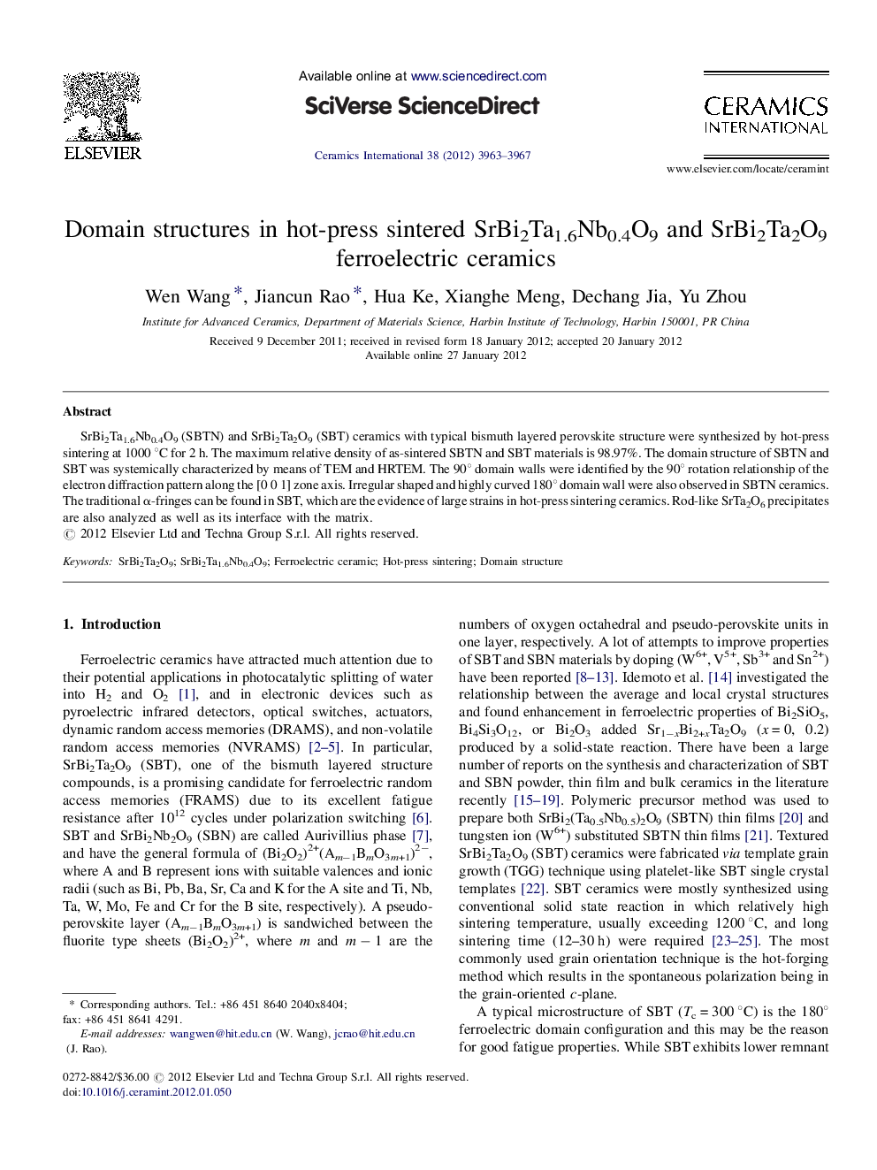 Domain structures in hot-press sintered SrBi2Ta1.6Nb0.4O9 and SrBi2Ta2O9 ferroelectric ceramics