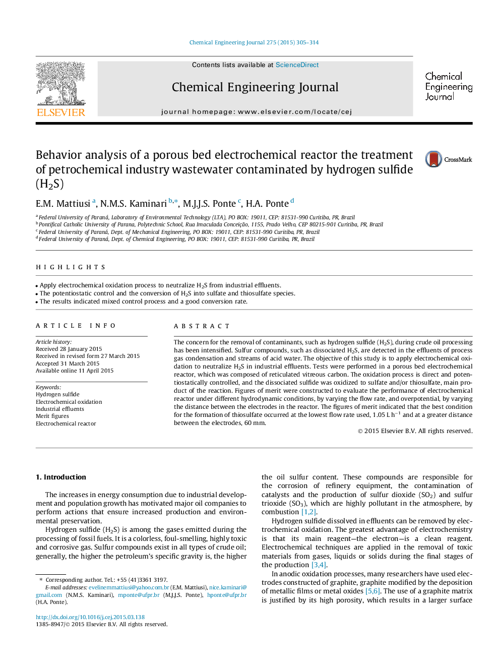 Behavior analysis of a porous bed electrochemical reactor the treatment of petrochemical industry wastewater contaminated by hydrogen sulfide (H2S)