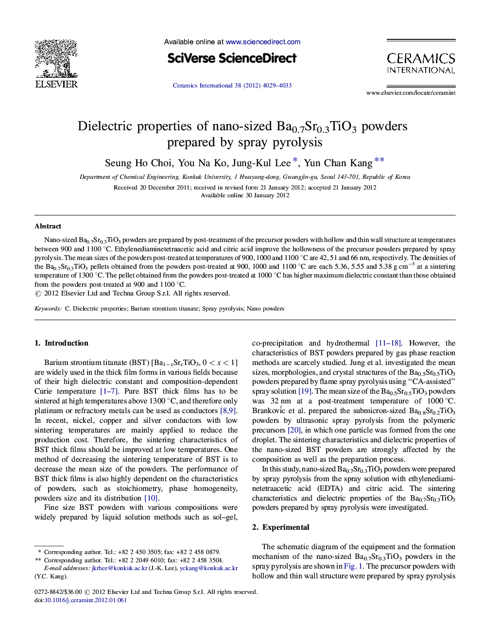 Dielectric properties of nano-sized Ba0.7Sr0.3TiO3 powders prepared by spray pyrolysis