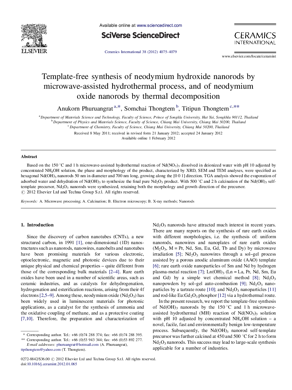 Template-free synthesis of neodymium hydroxide nanorods by microwave-assisted hydrothermal process, and of neodymium oxide nanorods by thermal decomposition