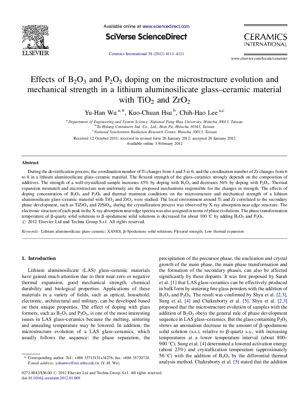 Effects of B2O3 and P2O5 doping on the microstructure evolution and mechanical strength in a lithium aluminosilicate glass–ceramic material with TiO2 and ZrO2