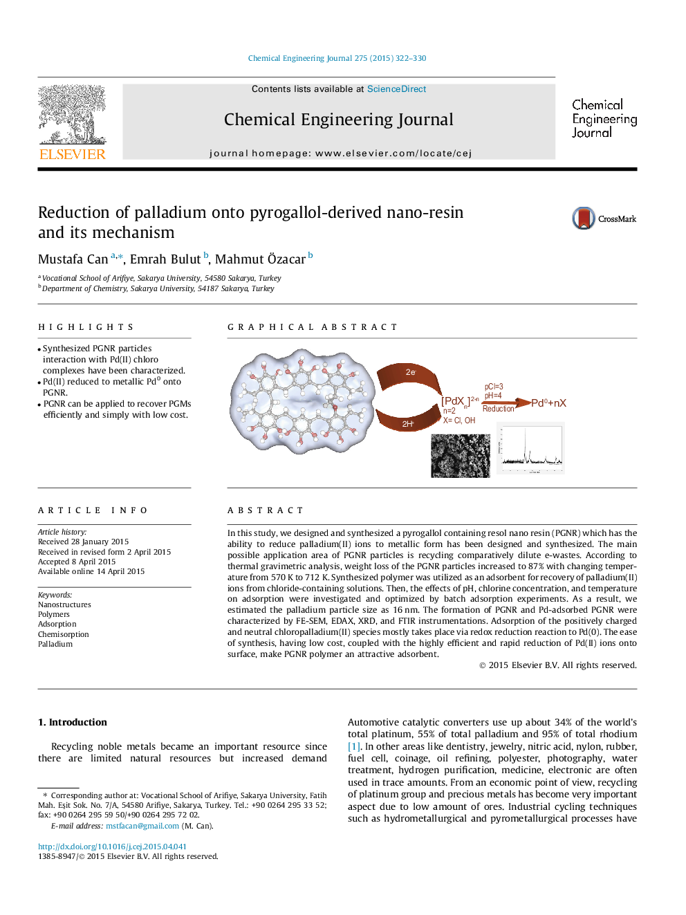 Reduction of palladium onto pyrogallol-derived nano-resin and its mechanism