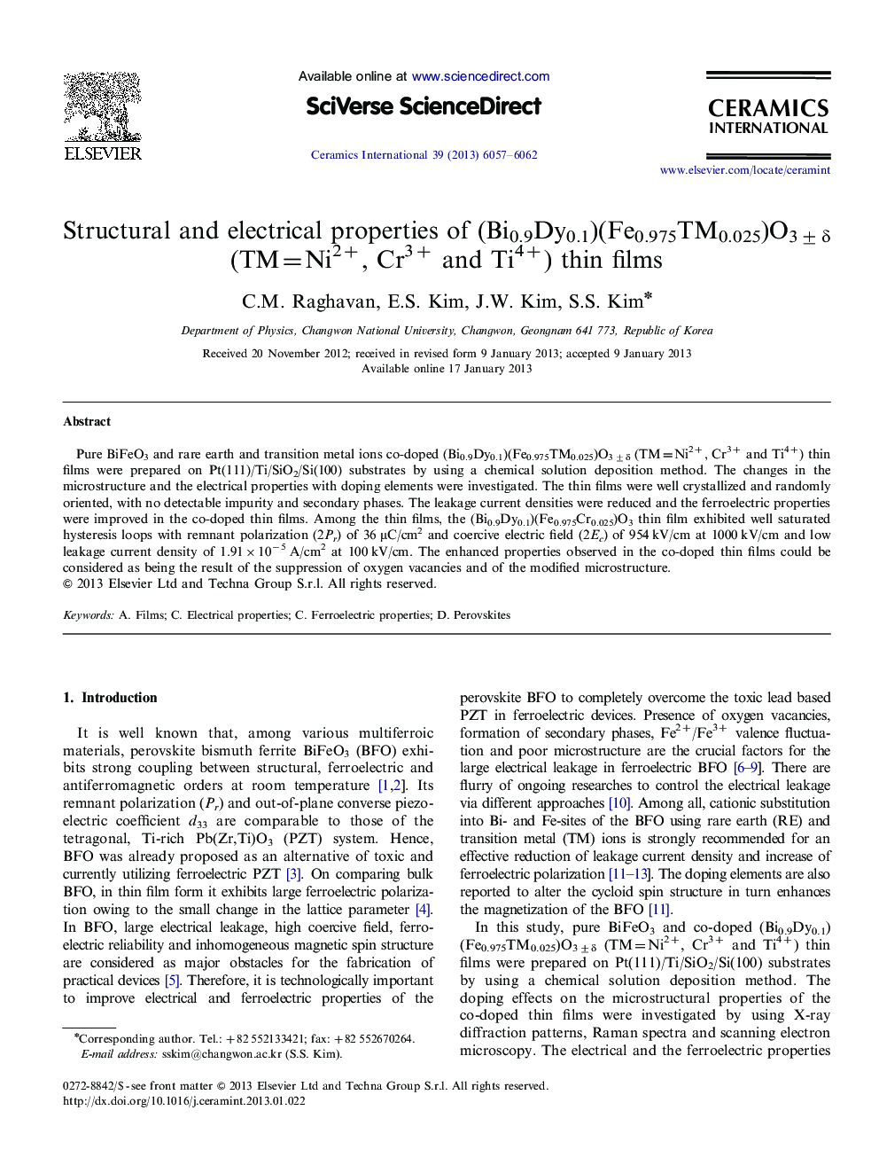 Structural and electrical properties of (Bi0.9Dy0.1)(Fe0.975TM0.025)O3±δ (TM=Ni2+, Cr3+ and Ti4+) thin films